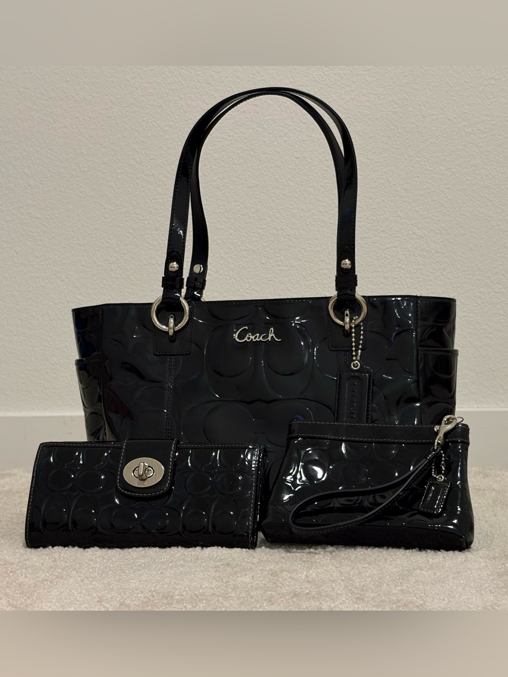 COACH Vintage Black Patent Leather 3-Piece Set: Gallery Tote, Wallet & Wristlet